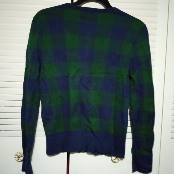 LANDS' END Navy Blue Green Plaid Check Cardigan Sweater SP 6-8 S Ladies Supima - Picture 6 of 6